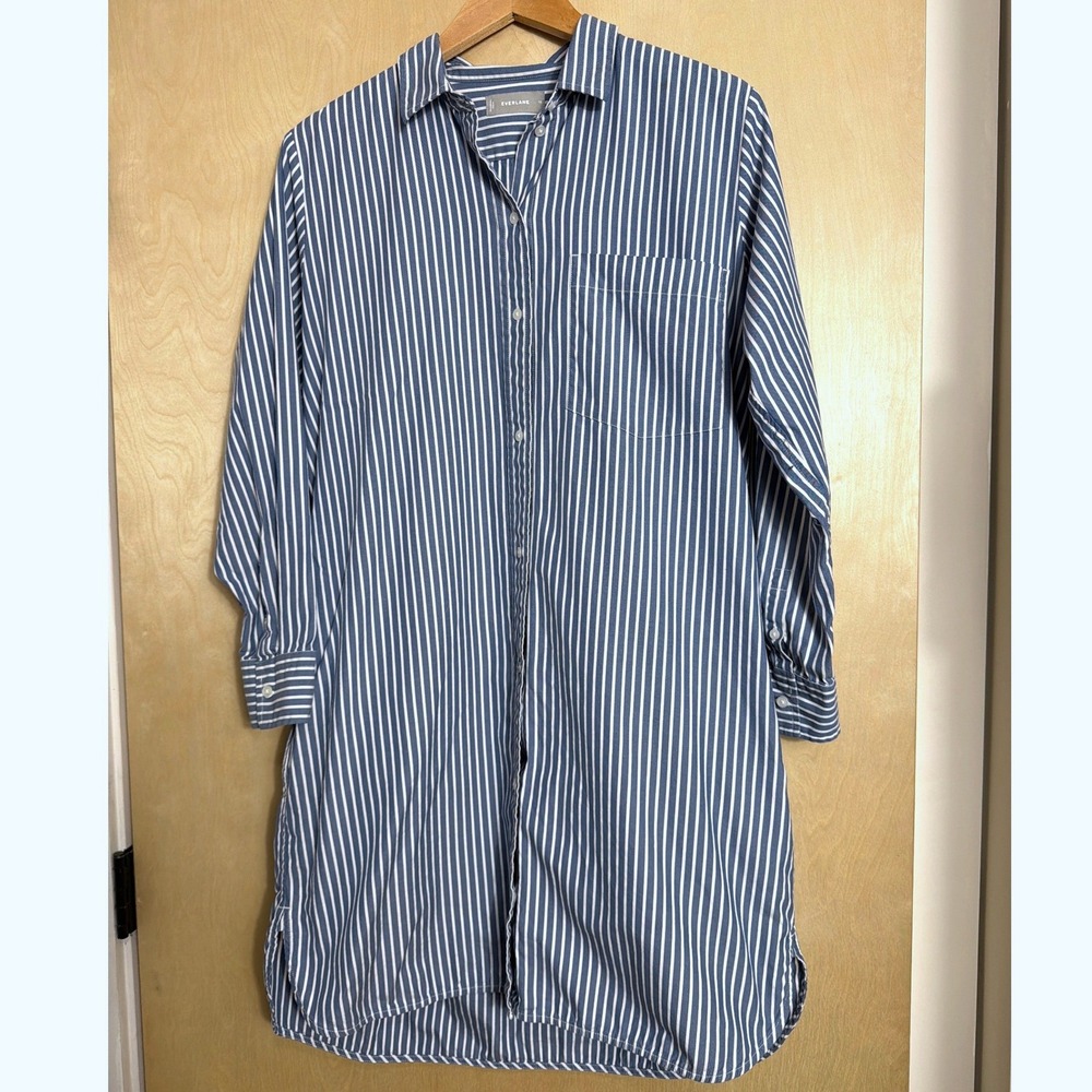 Everlane Blue White Striped Cotton Shirt Dress Long Sleeve Size 10 Pocket